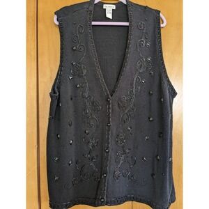 The Avenue Womens 3X Black Beaded Floral Knit Sweater Vest Sleeveless Cardigan